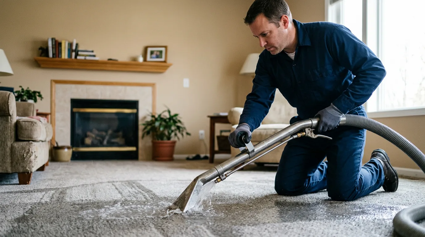 Water damage restoration technician working near Hudson, KS